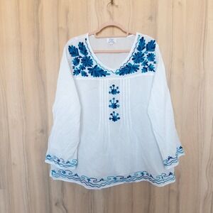 Chic Connection Womens Embroidered Blouse Size 3X White Blue Cotton Boho Peasant